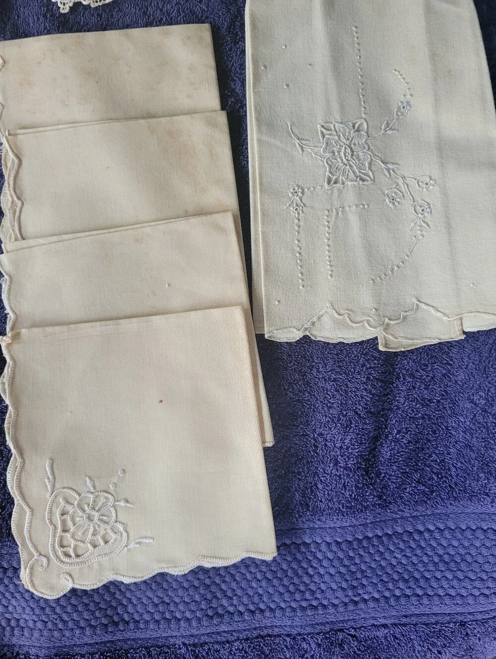 Source Unknown Cream and Blue Vintage Embroidered Table Linens Lot